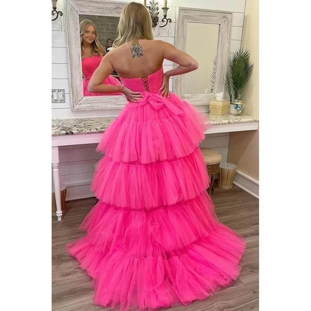 NEW Hot Pink Strapless Hi-Low Tulle Tiered Corset Back Prom Dress Size 0 - Picture 2 of 10